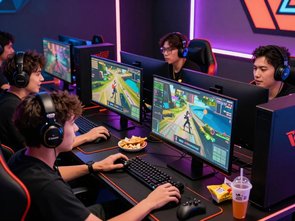 Dynamic gaming scene showcasing players engaging with https://rikviprent.com, equipped with modern gaming gear and vibrant lighting.