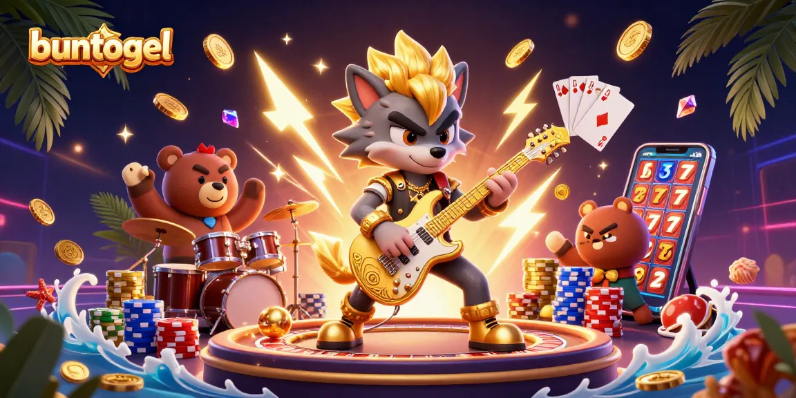 Buntogel unleashes excitement, showcasing a rocking wolf and bear in a vibrant online casino scene.
