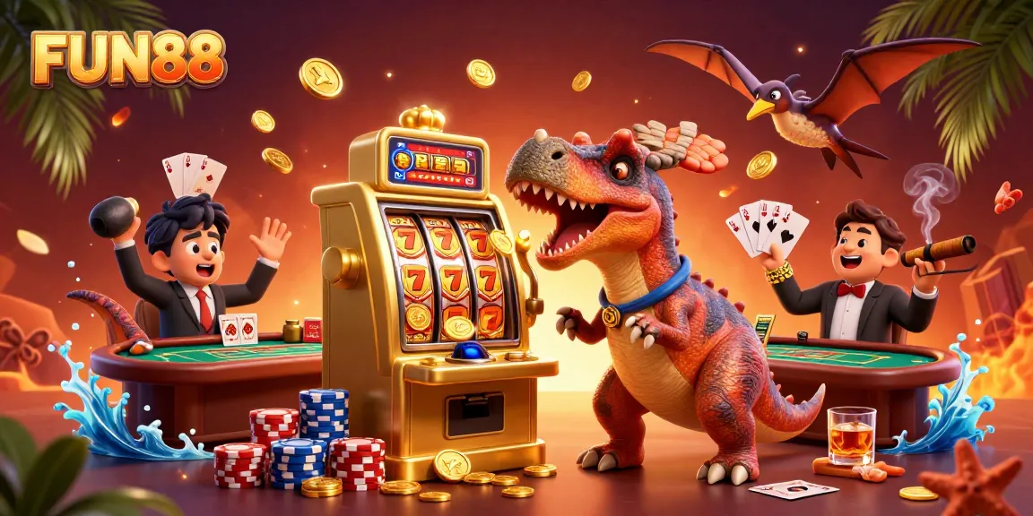 FUN88 brings excitement with a cartoon dinosaur triggering a slot machine jackpot amidst lively casino elements.