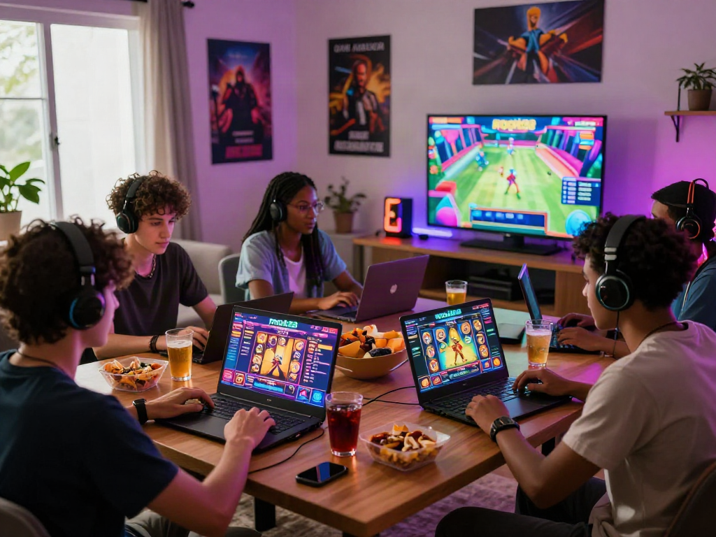 Engaging friends playing rokok88 slot login online together in a vibrant living room.