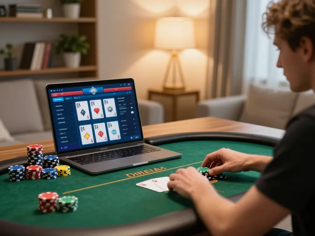Engaged player strategizing during an online poker game with ee88 interface displayed on laptop.