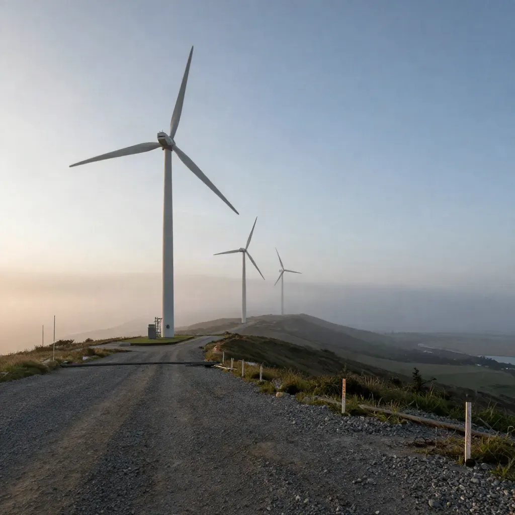 Tre turbine eoliche su un crinale al blu dell’alba, tra nebbia costiera e una piazzola di ghiaia.