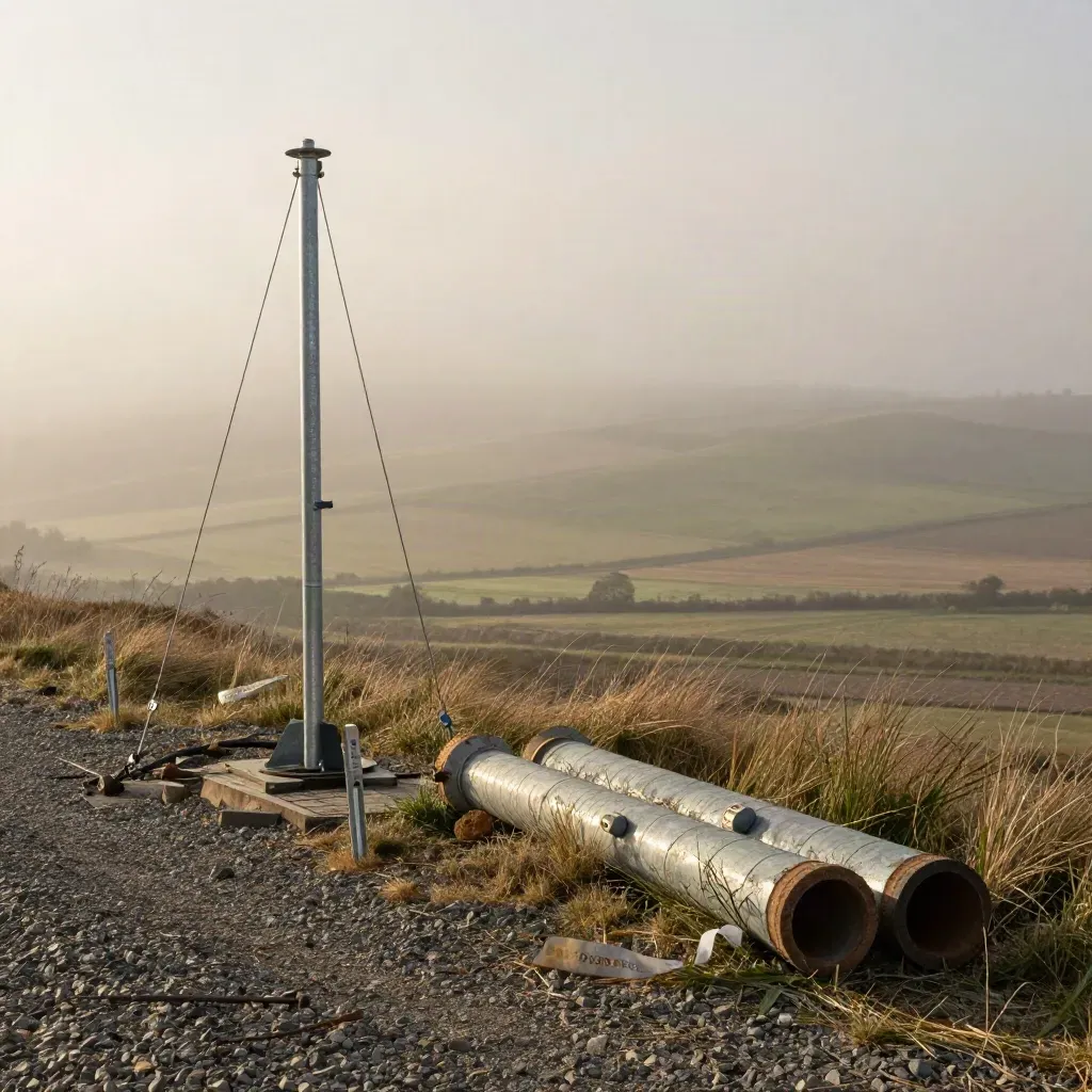 Test mast e carotaggi geologici su un crinale sopra campi avvolti nella nebbia