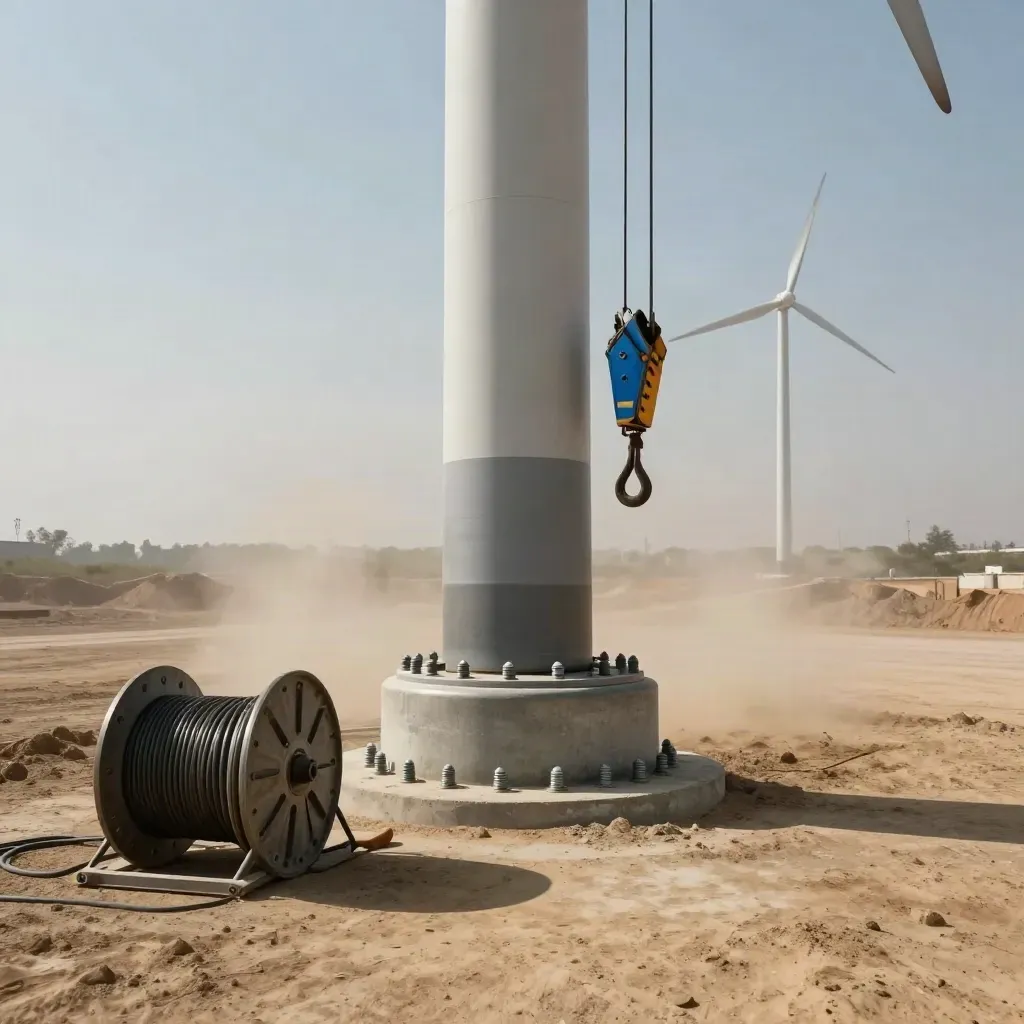 Base di turbina eolica in montaggio con flangia, bulloni e cavi su terra battuta
