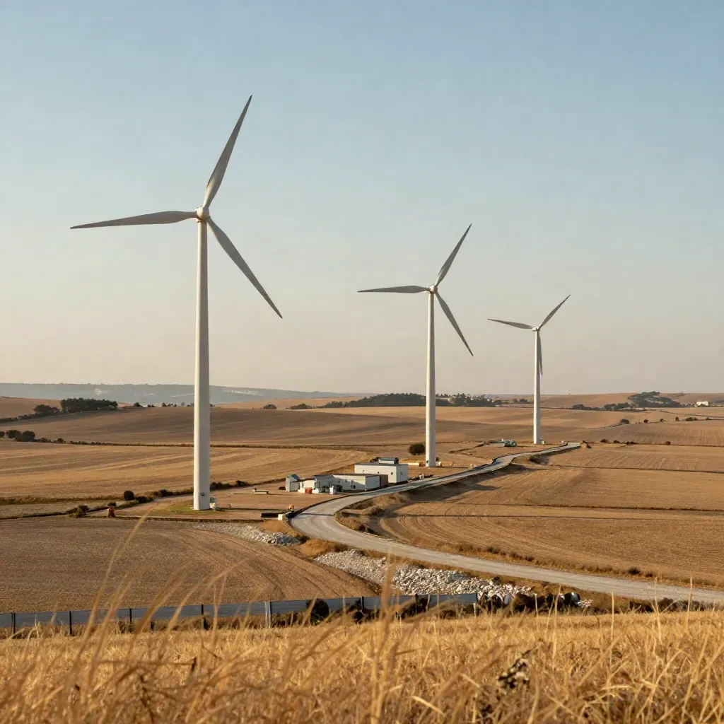 Parco eolico completato in Puglia con tre turbine e sottostazione su campi arati