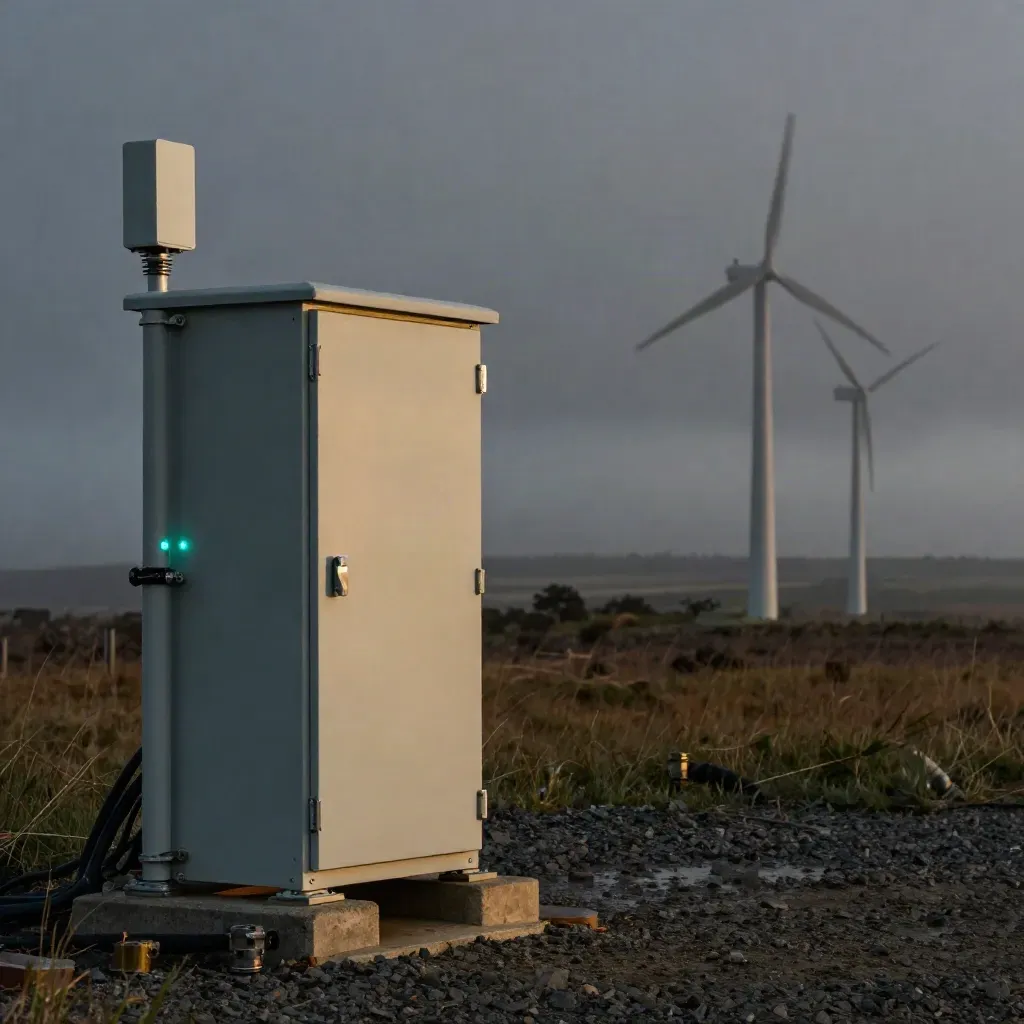 Armadio di telemetria e sensori in un campo eolico al crepuscolo, luci teal accese.