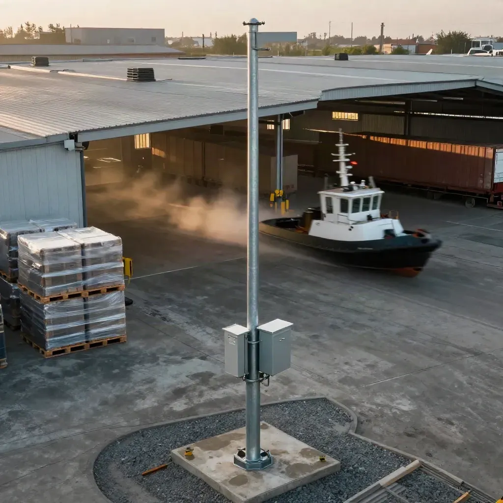 Test mast e sensore accanto ai tetti del magazzino in un hub logistico.