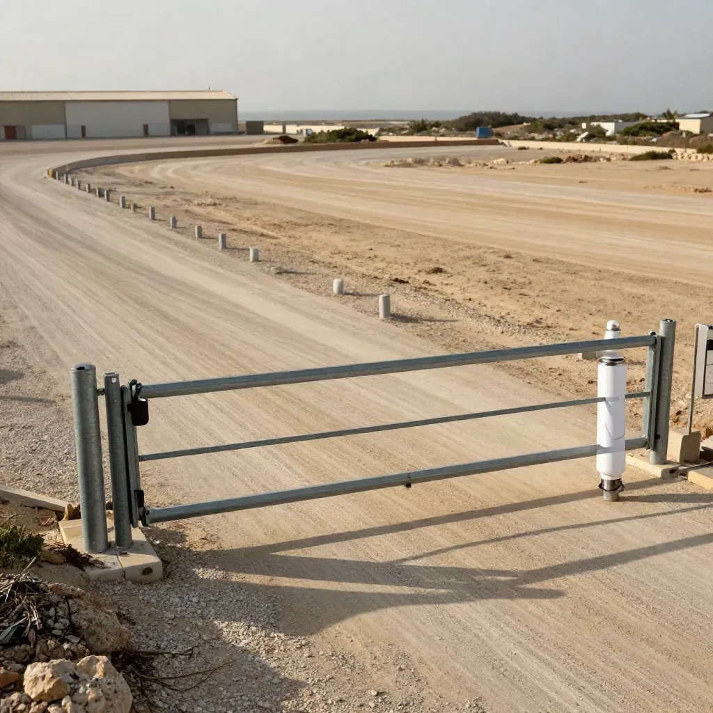 Terreno industriale sgomberato in Sardegna con cancello aperto e tubo permessi sigillato.