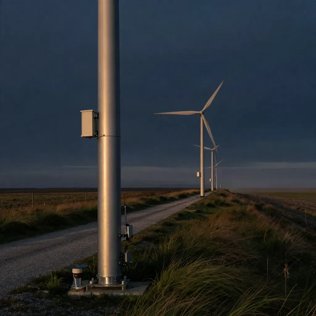Mast telemetrici e turbine eoliche al crepuscolo nella foschia di una valle.
