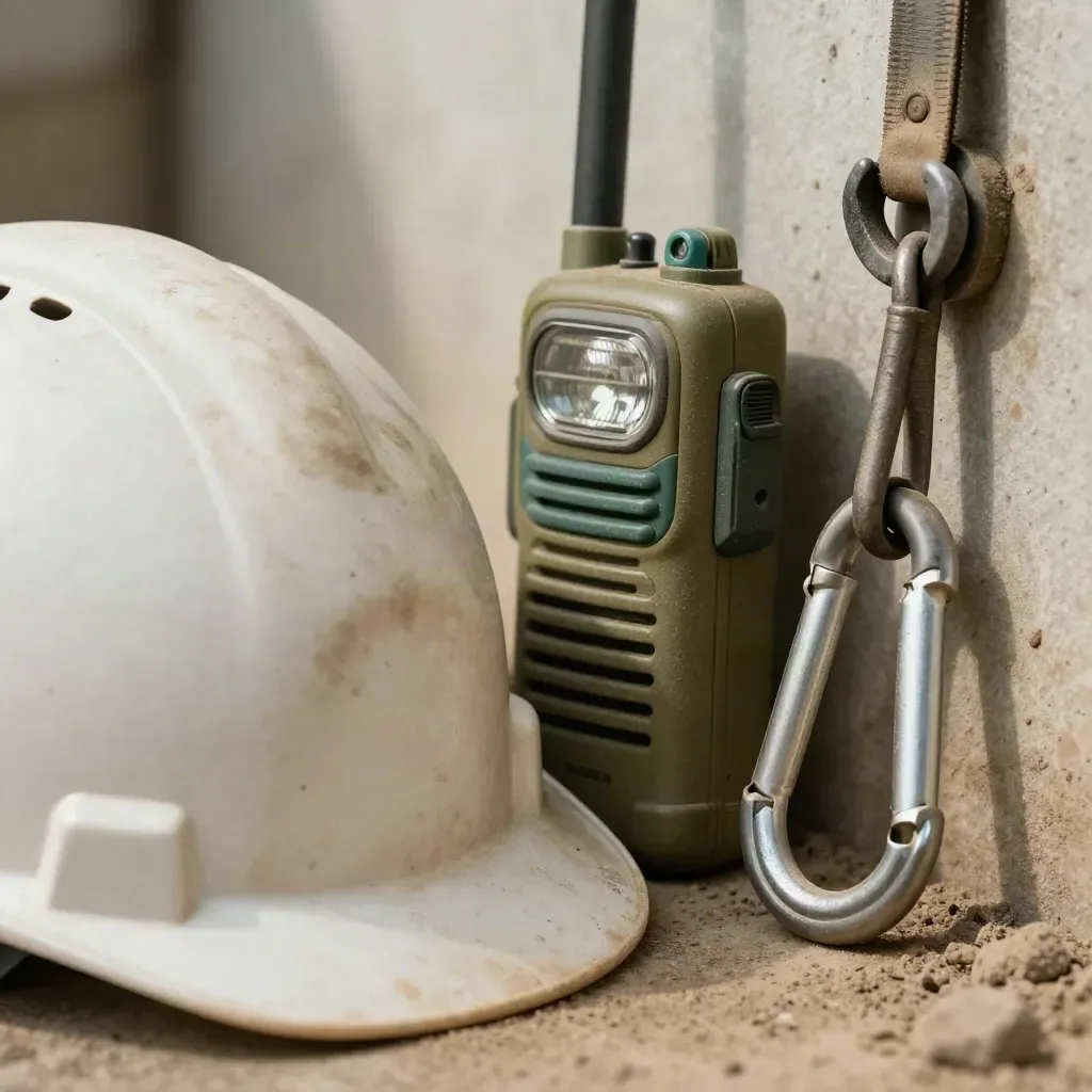Casco da cantiere, radio, lente beacon e moschettone su gancio, polvere e luce calda.