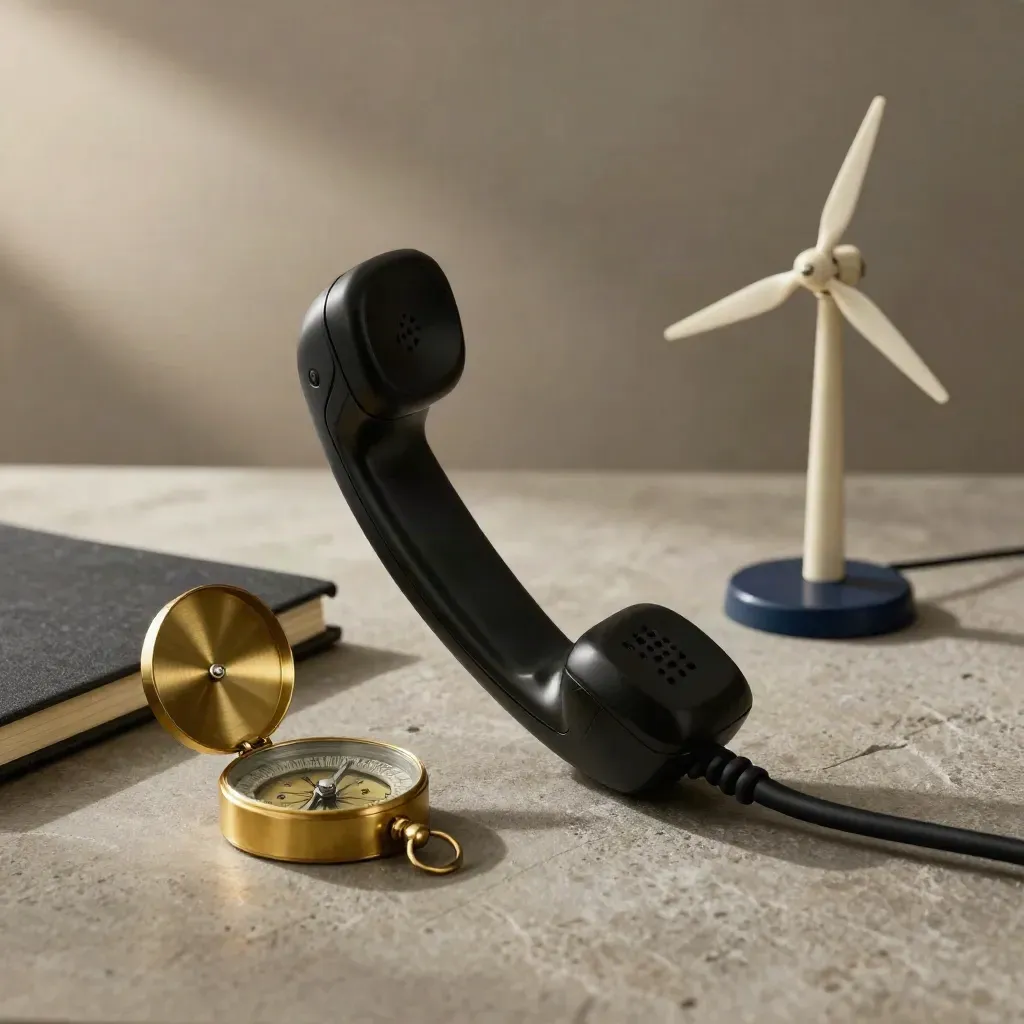 Telefono nero, bussola in ottone, taccuino chiuso e modello di turbina su pietra, luce morbida.