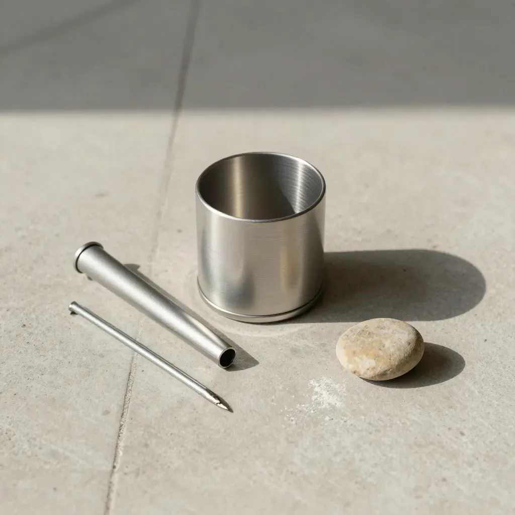 Flatlay tecnico con anemometro, tappo carotatore, picchetto e pietra su cemento chiaro.