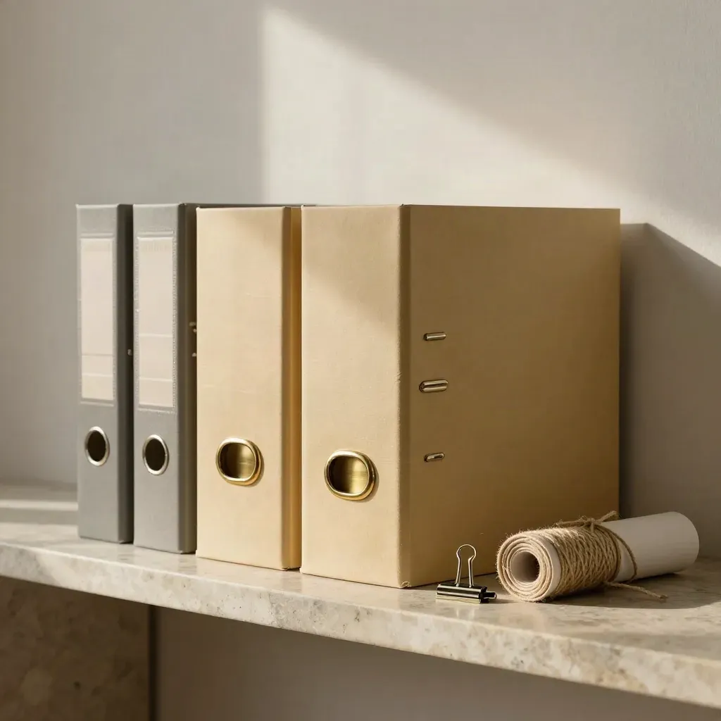 Cartelle archivio chiuse, sigilli in ottone e tubo rotolo su console in pietra.