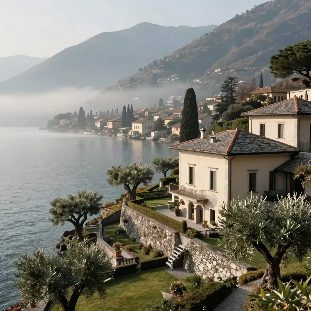 Ville in pietra sul Lago di Como con terrazze, foschia mattutina e Alpi sullo sfondo.