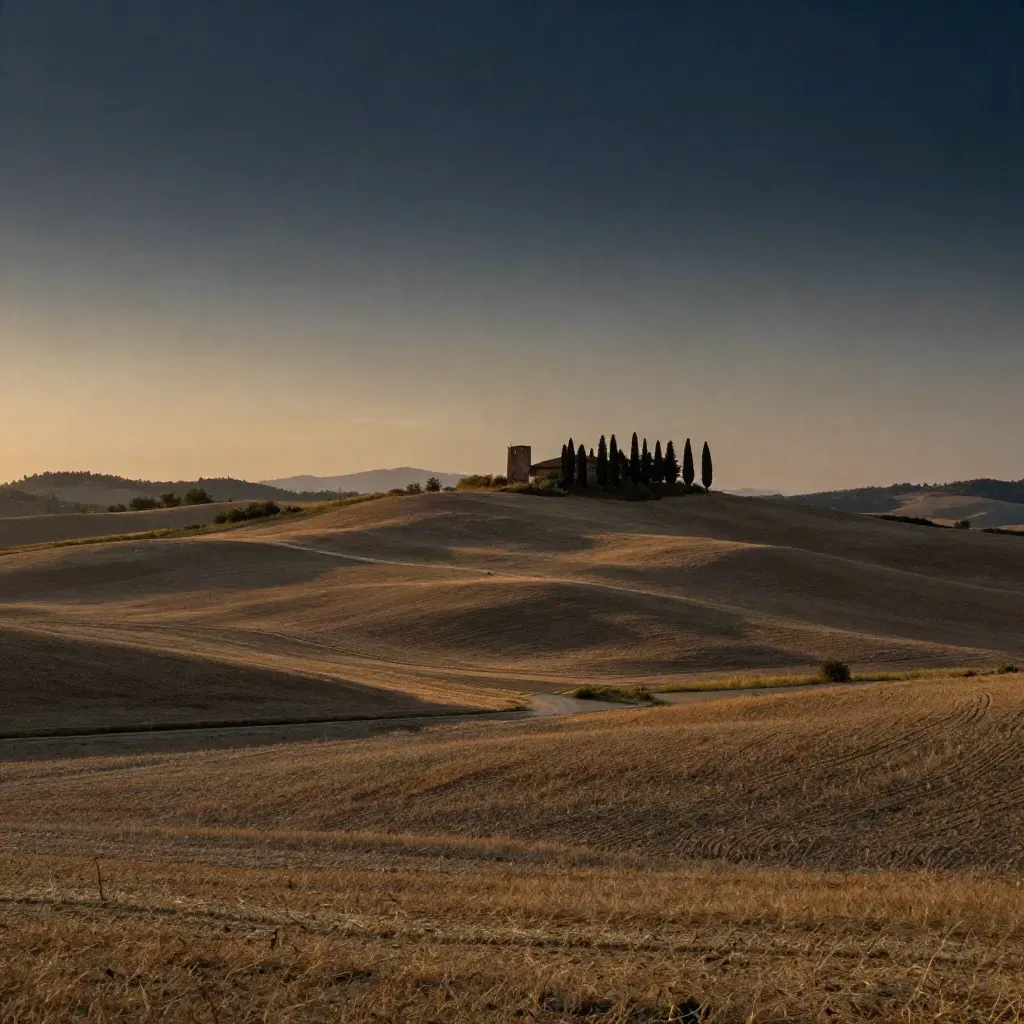 Paesaggio della pianura padana al tramonto con torre in mattoni e filari di cipressi.