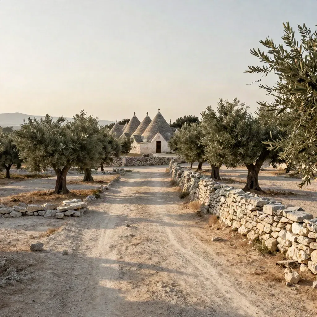 Ulivi e trulli in Puglia su pietra chiara, con muretti a secco e foschia calda al tramonto.