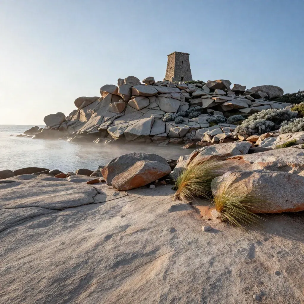 Costa granitica della Sardegna con nuraghe in controluce e mare argenteo