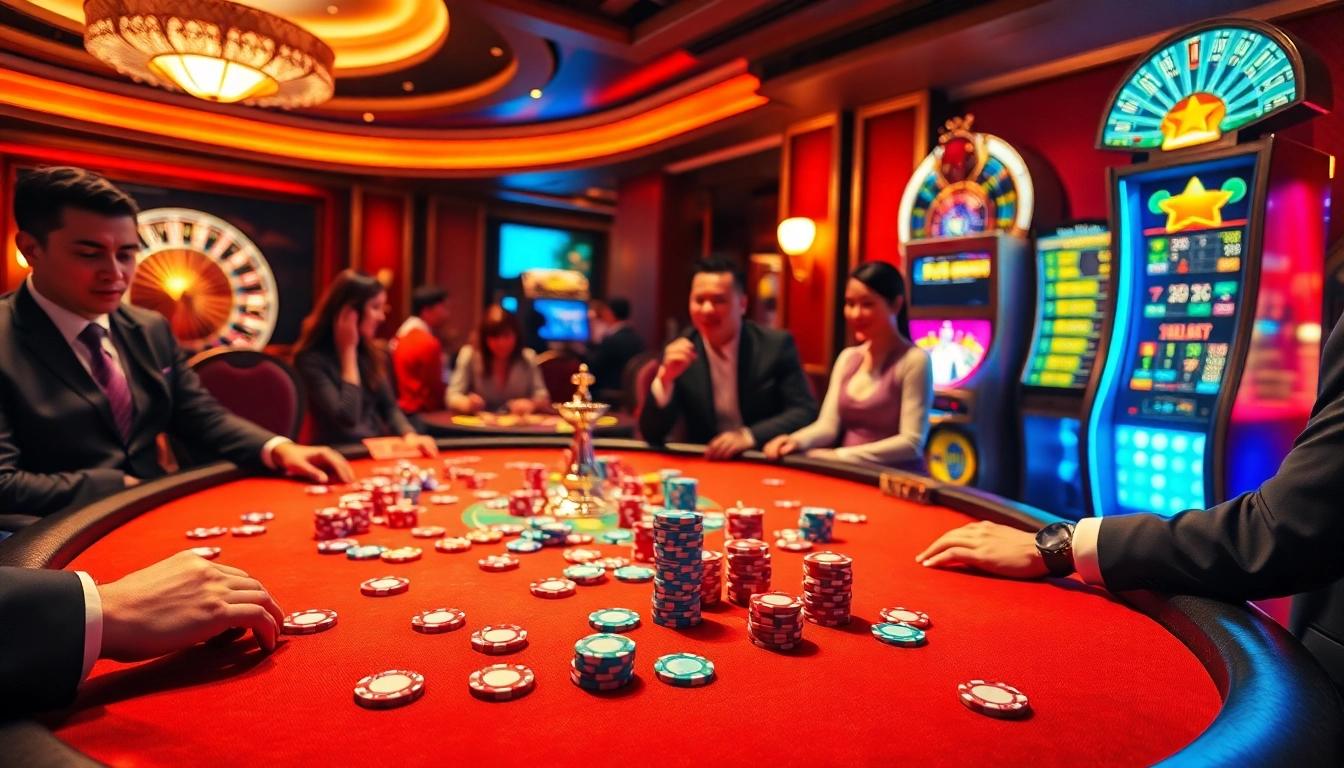 The thrilling poker table at Nhà Cái Jun88 showcases colorful chips and an active roulette wheel.
