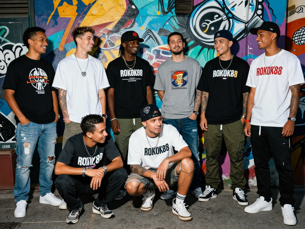 Exclusive ROKOK88 merchandise showcased by stylish urban youth in a vibrant street setting