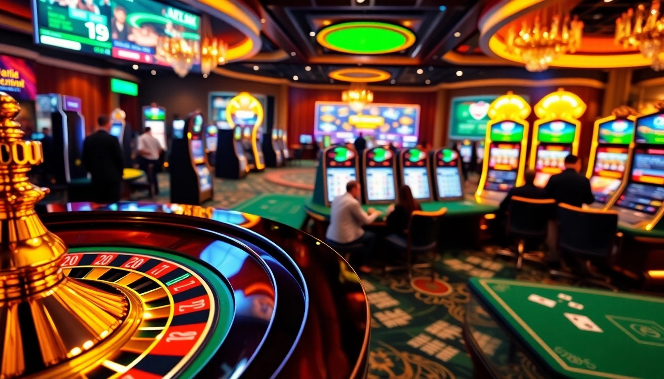 Exciting gambling scene featuring website UU88 with players at roulette and slot machines.