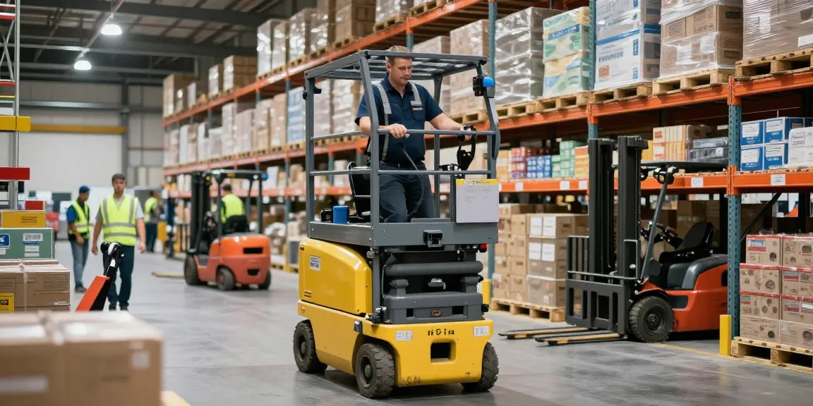 Operator skillfully using an electric scissor lift for sale in a busy warehouse, showcasing dynamic material handling operations.