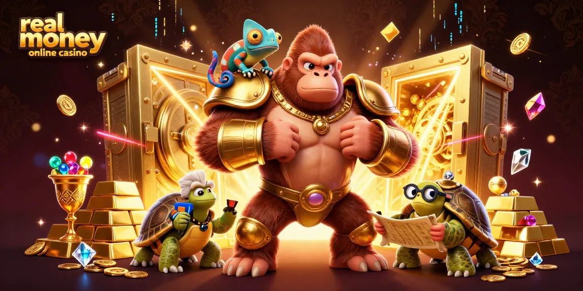 Engage with a vibrant real money online casino scene featuring a gorilla king, chameleon, and tortoise.