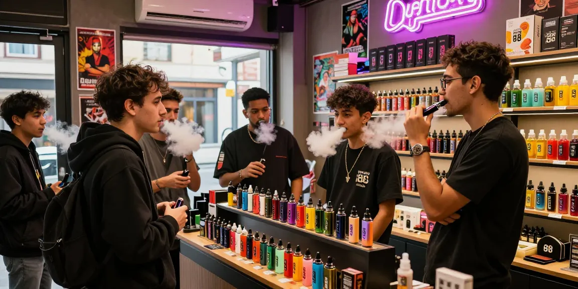Friends exploring rokok 88 vape flavors in a lively smoke shop.