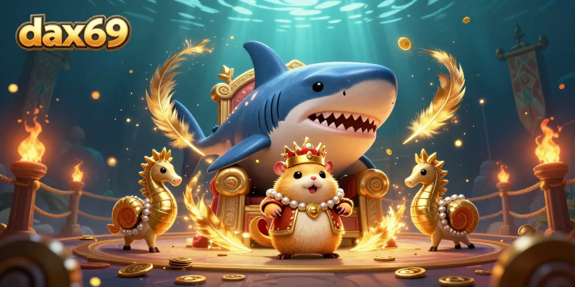 Menangkan permainan dengan dax69, raja hamster emas duduk di mahkota hiu, dikelilingi elemen kasino yang glamor.