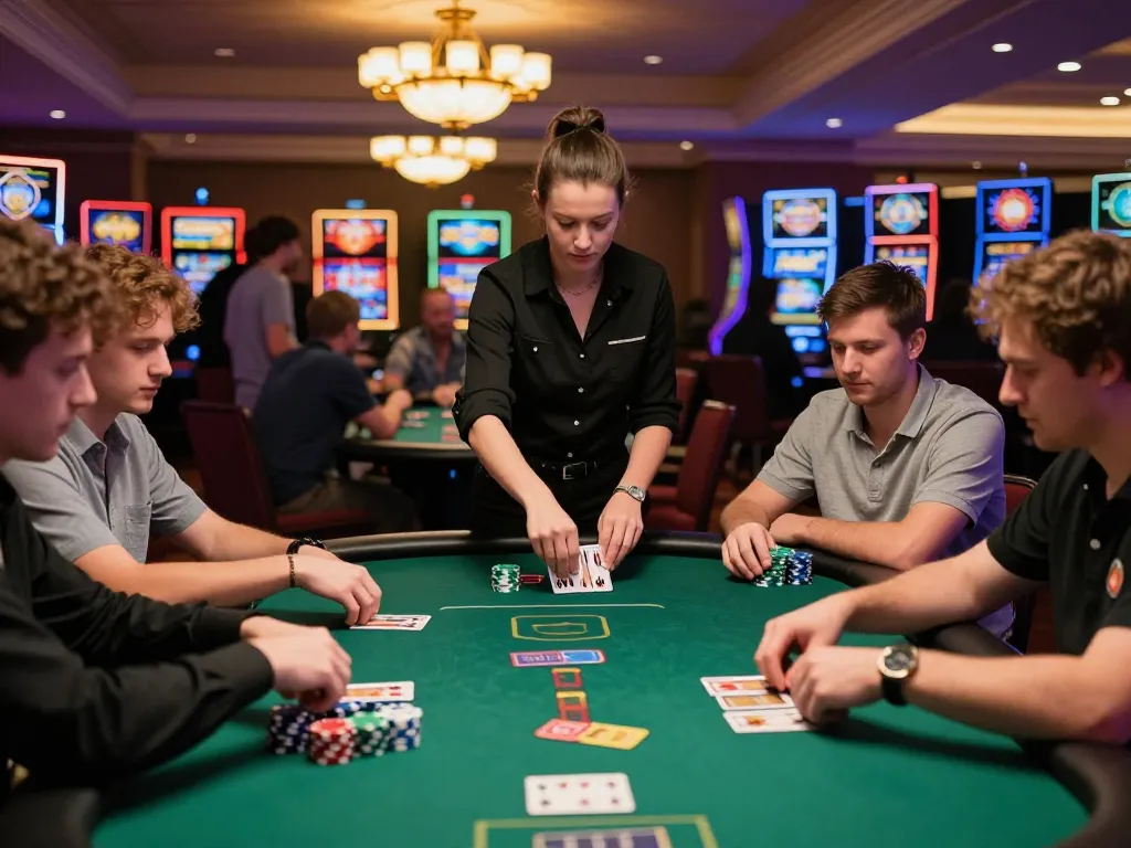 Players strategizing in DA88 poker game at a vibrant casino table with chips stacked high.