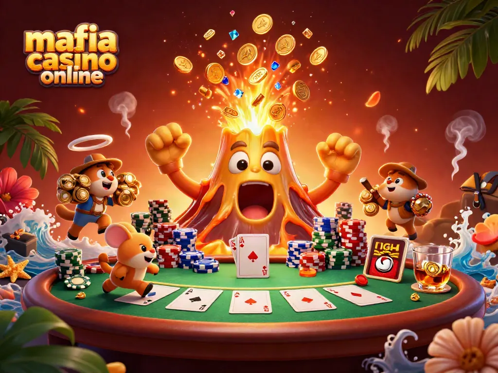 Experience thrilling wins at mafia casino online with an erupting volcano, coins, and poker elements!