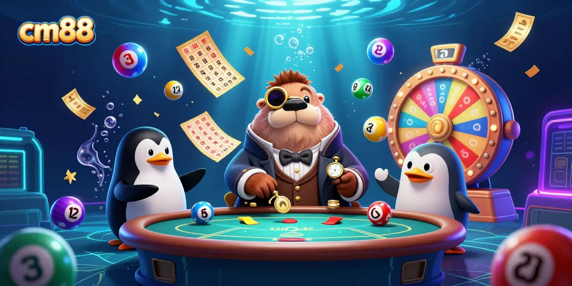 Engage in thrilling cm88 casino action with a jolly walrus and poker players in an underwater scene.