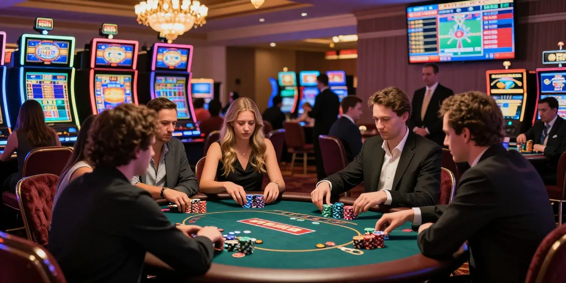 Players at a rokok88 poker table in a lively casino surrounded by colorful slot machines.