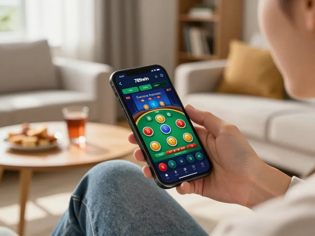 Engaging gameplay on the 789win app displayed on a smartphone in a cozy home setting.