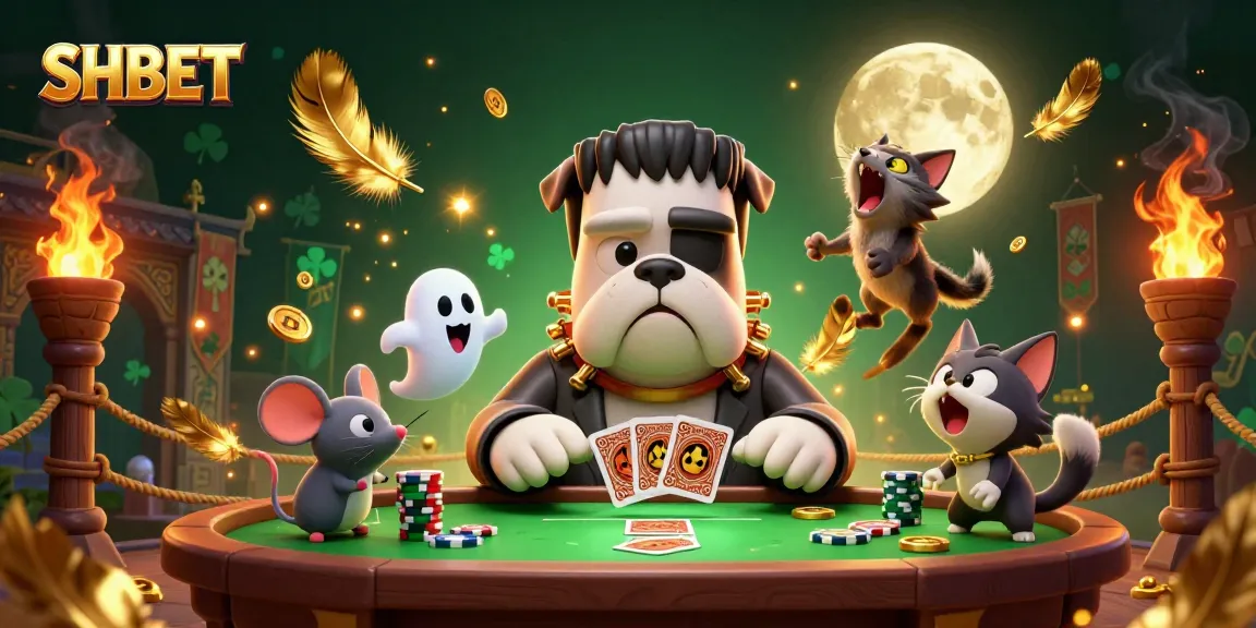 Engage in thrilling gameplay at SHBET with lively characters at a haunted casino table.