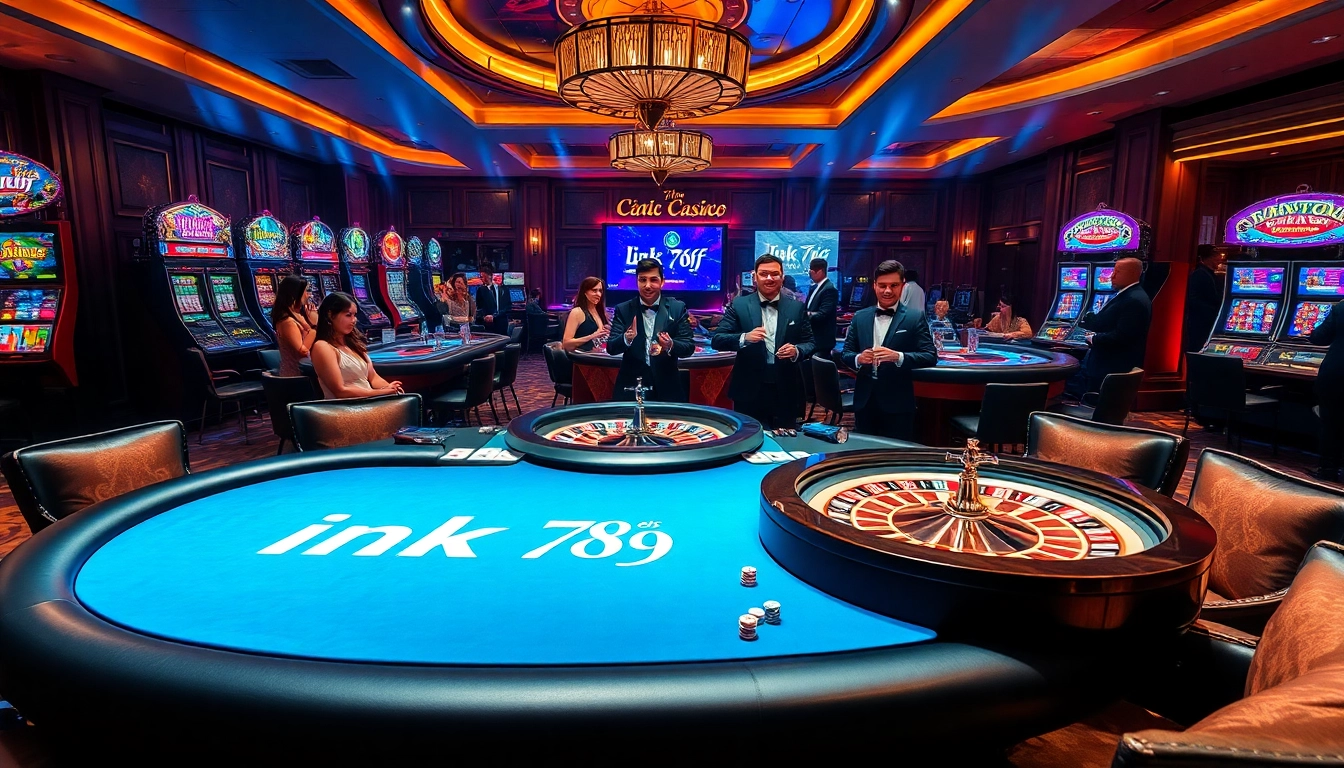 Experience the thrill of gambling with the link vào 789f at a luxurious casino featuring vibrant poker tables and elegant players.