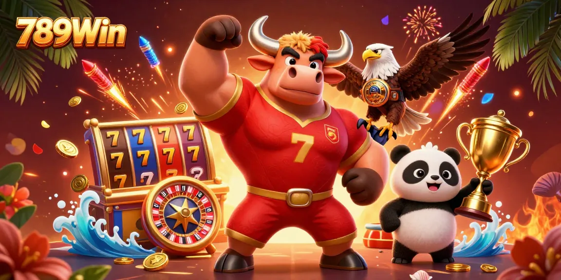 Experience exciting wins at 789Win with colorful slot reels and festive casino elements.
