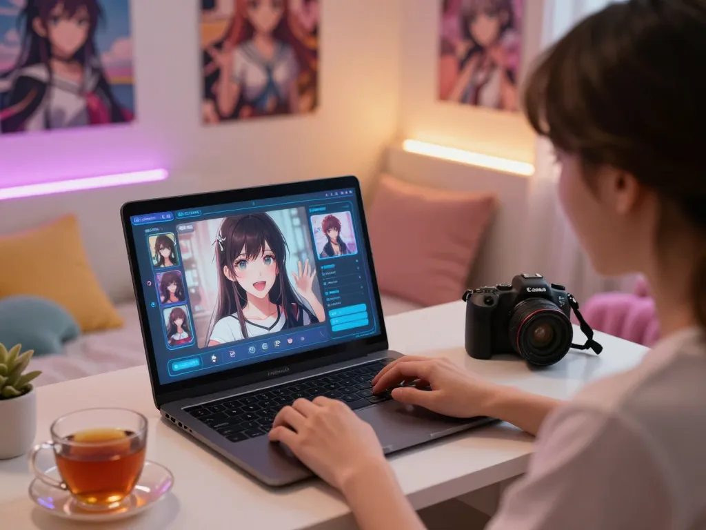 Engaging hentai AI chat interaction in a cozy bedroom setting, vibrant colors, and playful atmosphere.