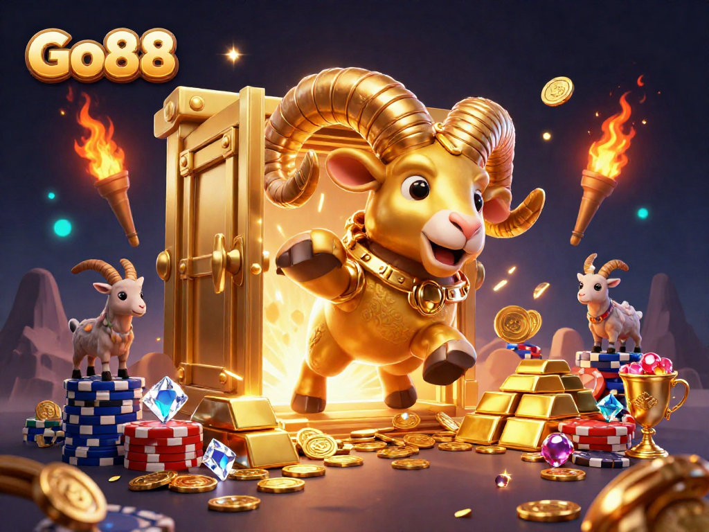 Go88 offers a vibrant scene filled with a golden ram charging at a treasure vault, surrounded by gems and casino chips.