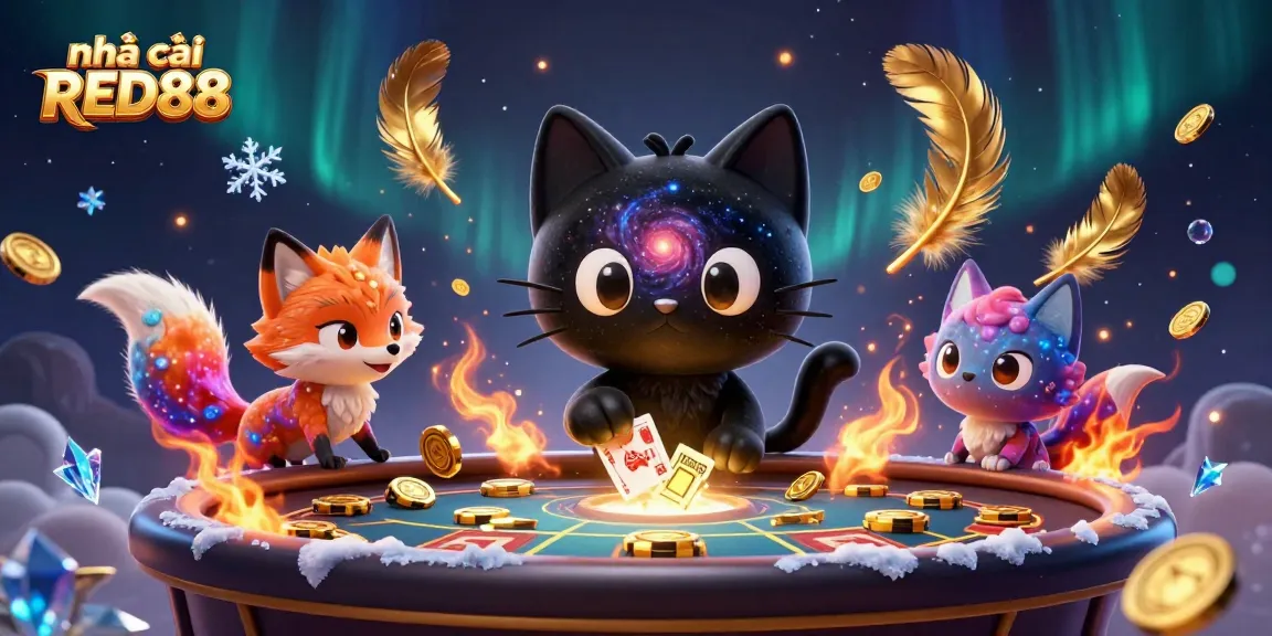 Experience the thrill of gaming with nhà cái RED88 at a cosmic casino with glittering chips and vibrant characters.