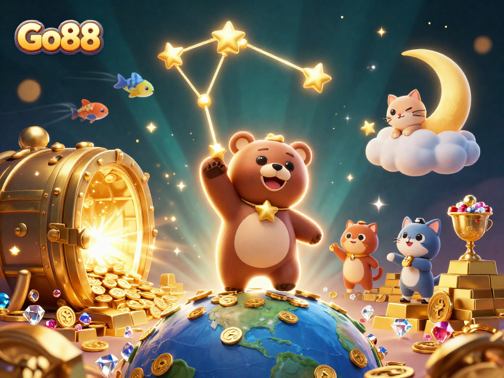 Go88 players scoop coins from a vibrant treasure scene filled with jewels and excitement.