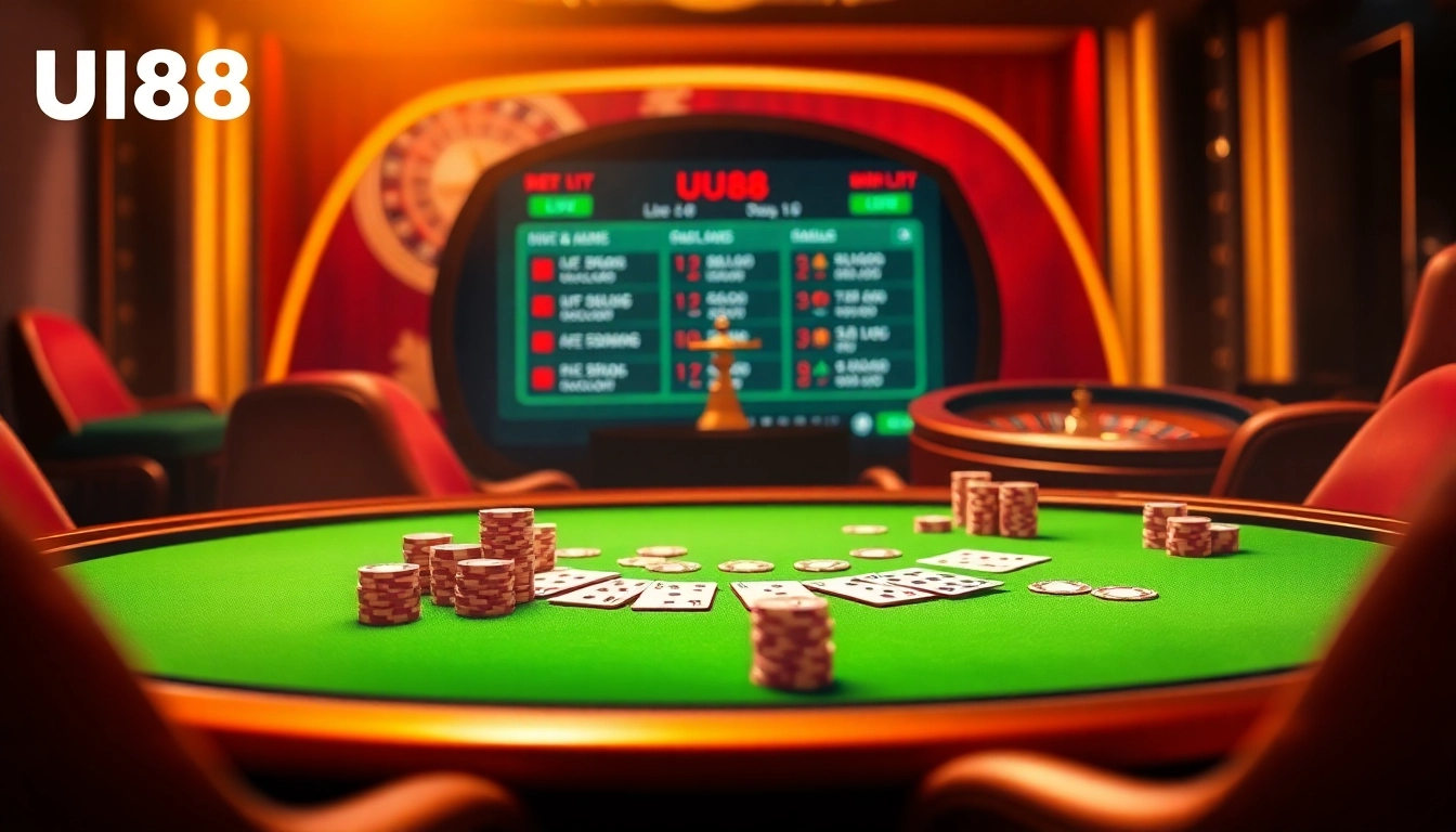 Experience the thrill of betting on the website UU88 with a vibrant casino table and roulette wheel.