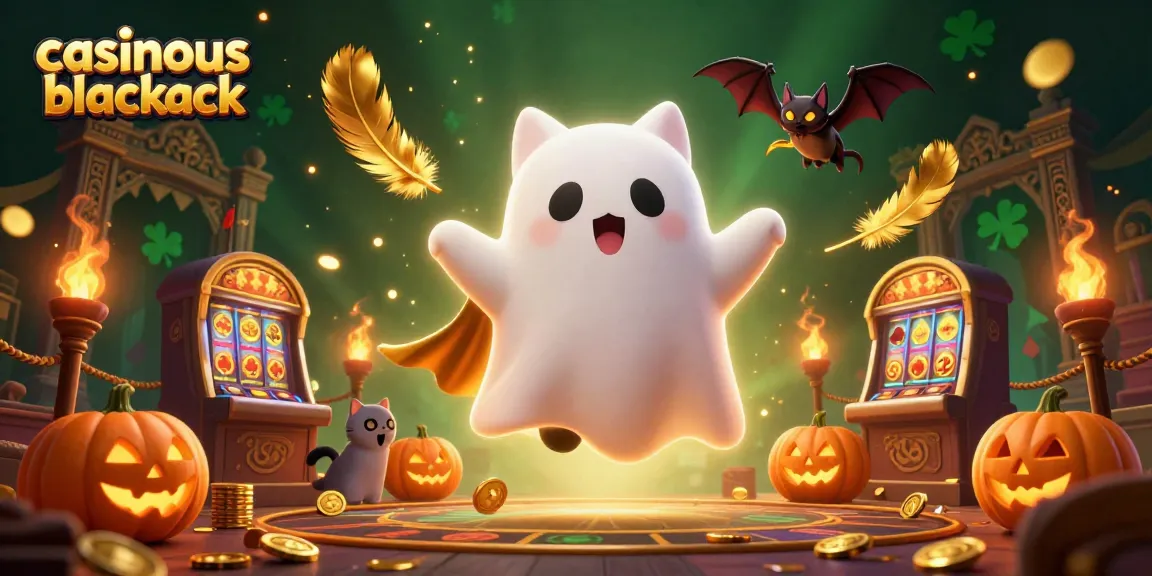 Experience casinous blackjack with a ghost cat and bat in a haunted casino filled with glowing jack-o-lanterns.