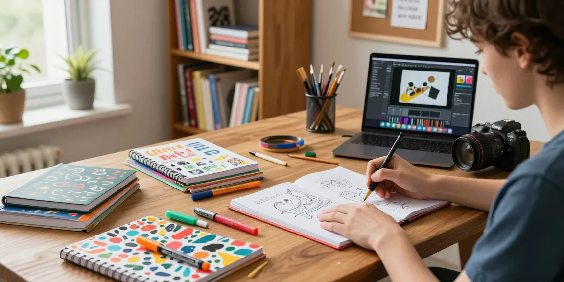 Artist creating in a vibrant workspace with custom printed notebooks and art supplies.