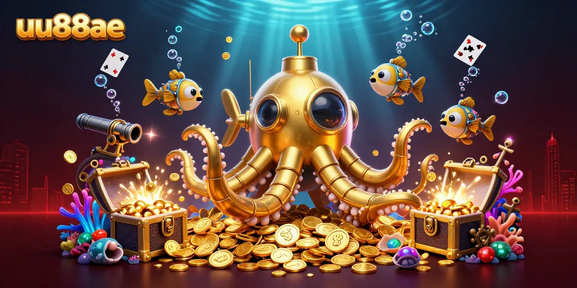 Experience thrilling wins at uu88ae with a 3D kraken submarine amidst gold coins and casino treasures.