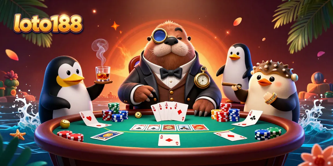 Experience exciting poker action at loto188 with a walrus, penguin dealer, and pufferfish player.