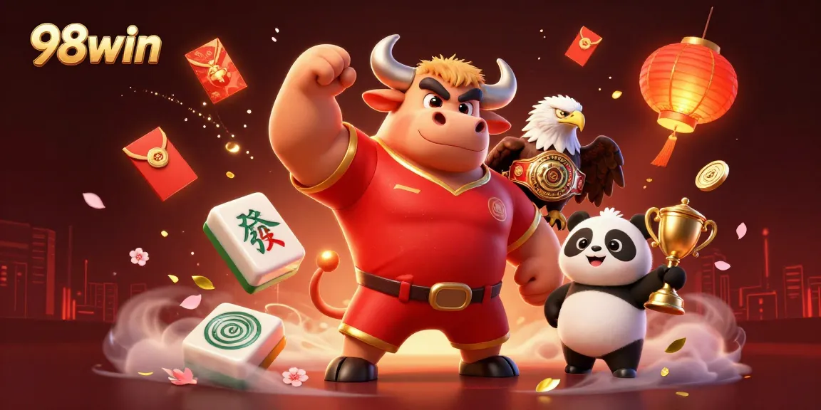 98win showcases exciting casino action with a victorious bull, eagle, and panda in a vibrant illustration