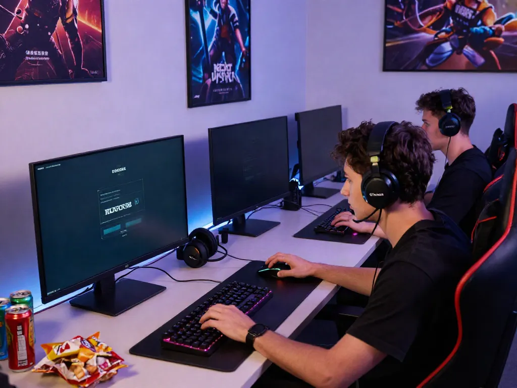 Gamer engaged in ROKOK88 login on multiple screens in a vibrant gaming setup.