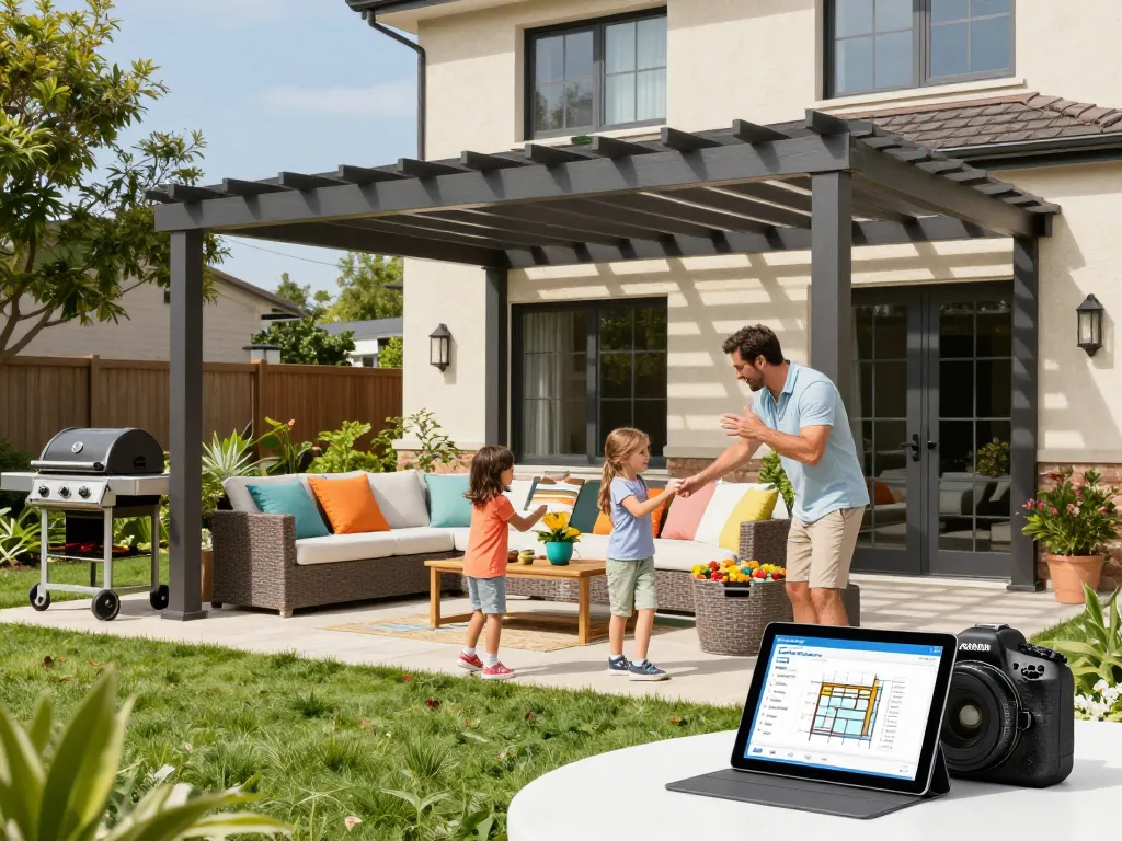 Famiglia che utilizza un configuratore pergole online in un giardino luminoso, personalizzando la pergola esterna.
