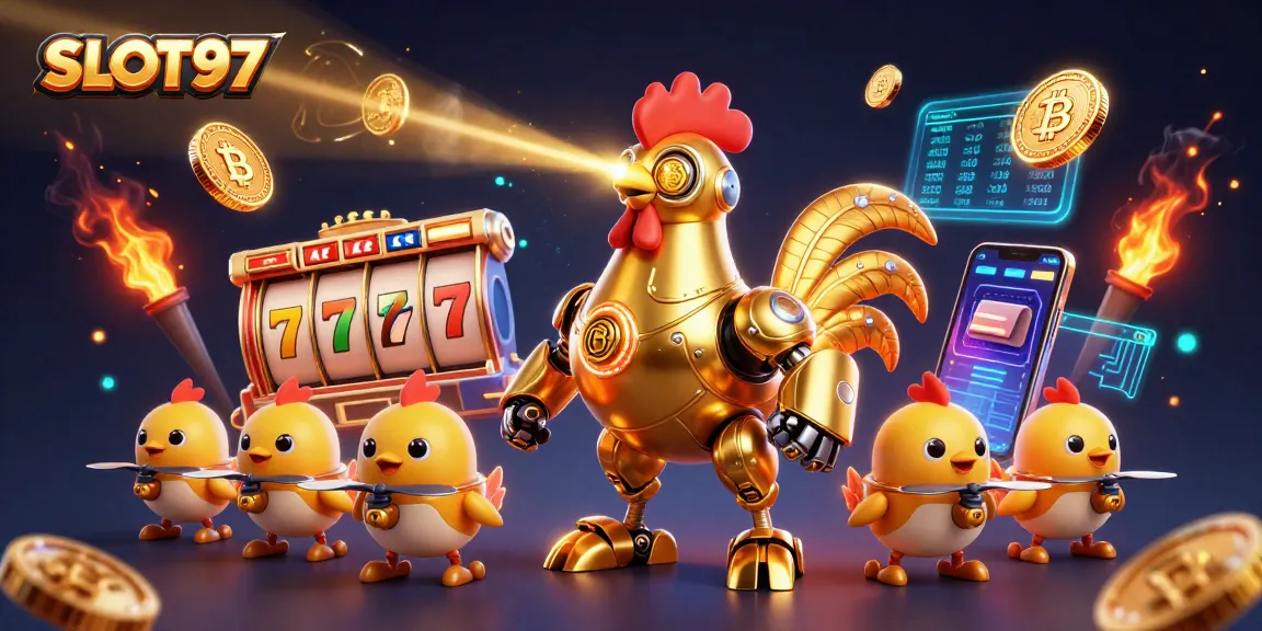 SLOT97 enhances gaming experience with a vibrant 3D scene of a golden rooster robot amidst slot machines and cryptocurrency.