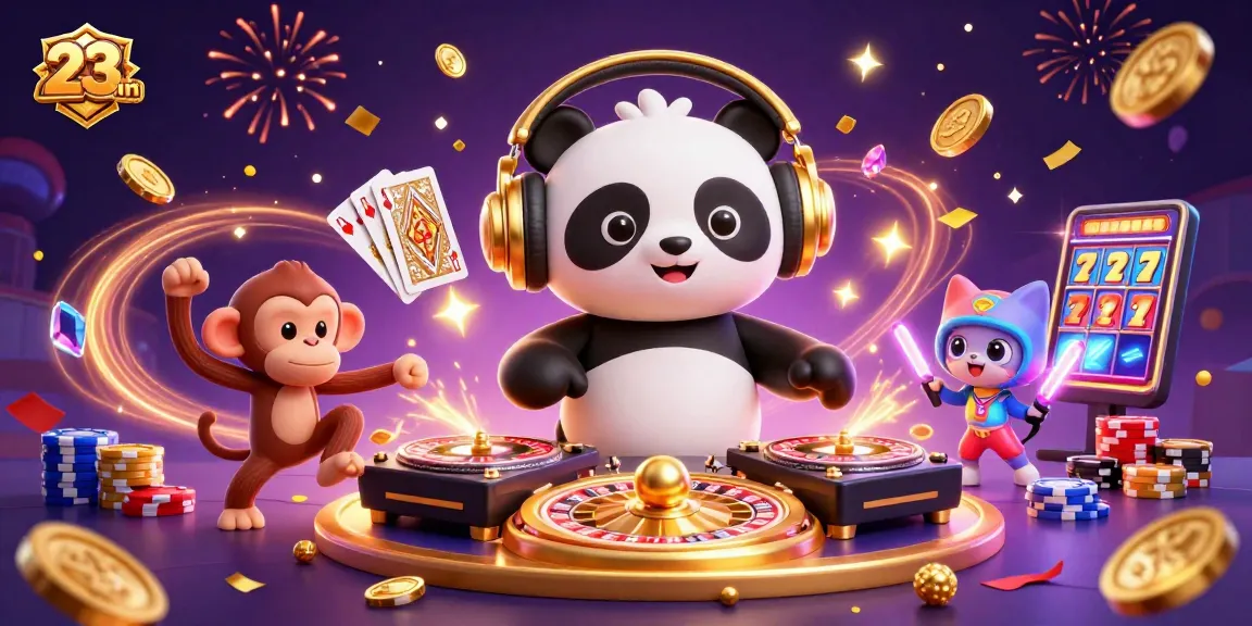 Spin to win with 23win at the vibrant casino party showcased in this dynamic illustration.